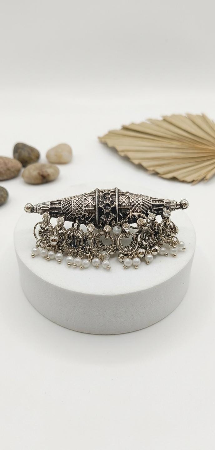 Oxidised Silver Pearl Drop Ring | German Silver AD Stone Ethnic Ring | Traditional Handcrafted Boho Ring for Women