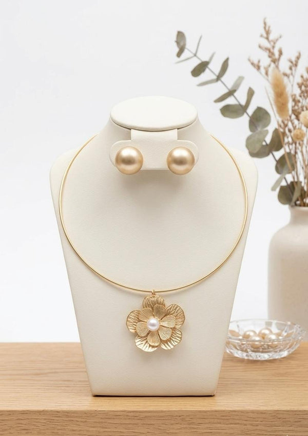 Elegant Anti-Tarnish Gold-Plated Pearl Jewelry Set – Flower Pendant Necklace & Earrings for Timeless Beauty
