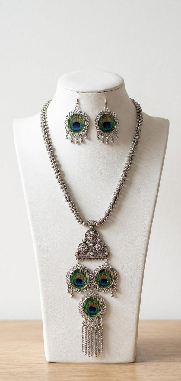 Elegant Silver Oxidized Jewelry Set with Peacock Design – Traditional Necklace & Earrings