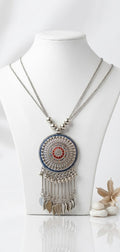 Silver Oxidised Round Pendant Necklace with Multicolor Design and Leaf Tassels Traditional Jewelry for Women