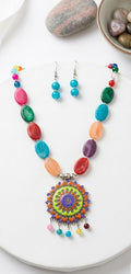 Multicolor Beaded Mandala Necklace Set with Earrings | Handcrafted Boho Ethnic Pendant Necklace | Colorful Stone Jewellery Set for Women