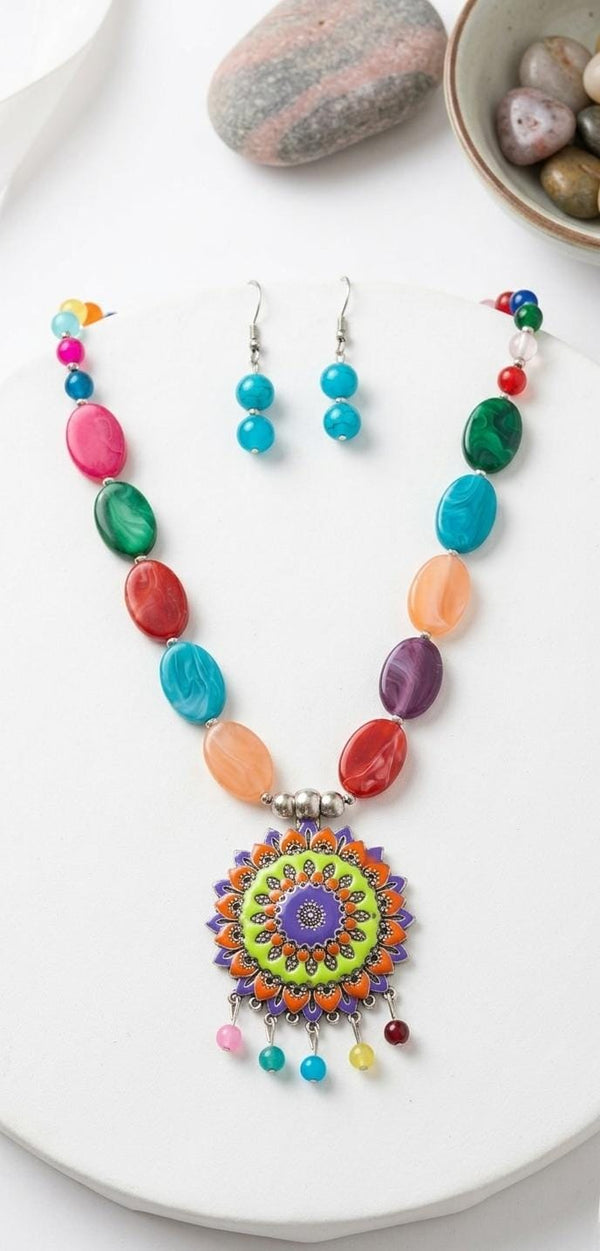 Multicolor Beaded Mandala Necklace Set with Earrings | Handcrafted Boho Ethnic Pendant Necklace | Colorful Stone Jewellery Set for Women