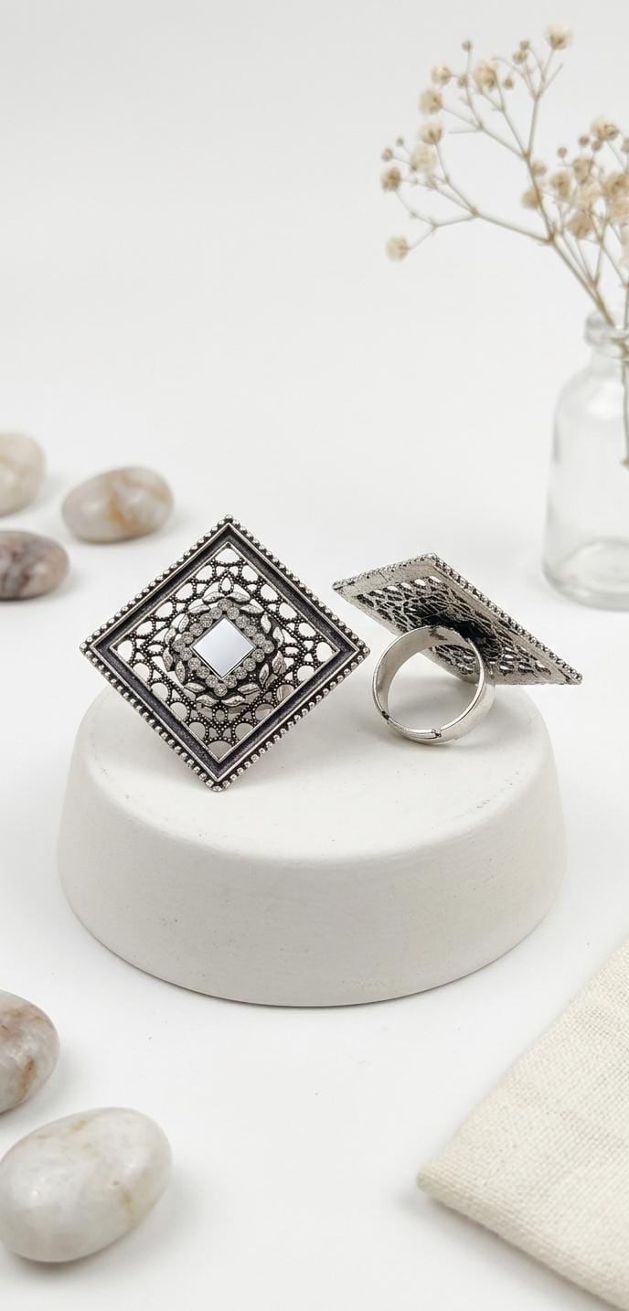 Oxidised Silver Square Mirror Ring | Adjustable German Silver Filigree Boho Ring | Ethnic Diamond Shape Statement Ring for Women