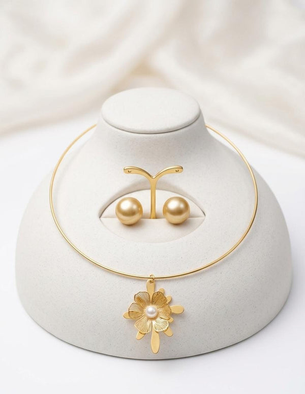 Elegant Anti-Tarnish Pearl Jewelry Set – Gold-Plated Necklace & Earrings for Timeless Beauty