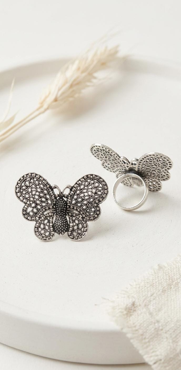 Oxidised Silver Butterfly Ring | Adjustable German Silver Filigree Boho Ring | Ethnic Statement Ring for Women & Girls
