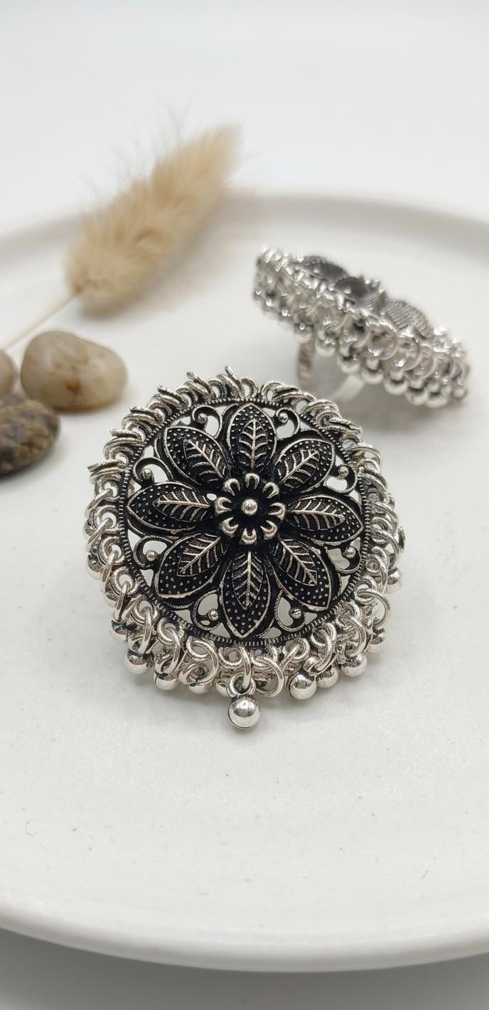 Oxidised Silver Floral Ring | Adjustable German Silver Boho Ring | Traditional Ethnic Oxidised Ring for Women