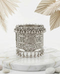 Silver Oxidised Wide Cuff Bracelet | Floral Filigree Ghungroo Bangle | Rajasthani Ethnic Jewellery for Women