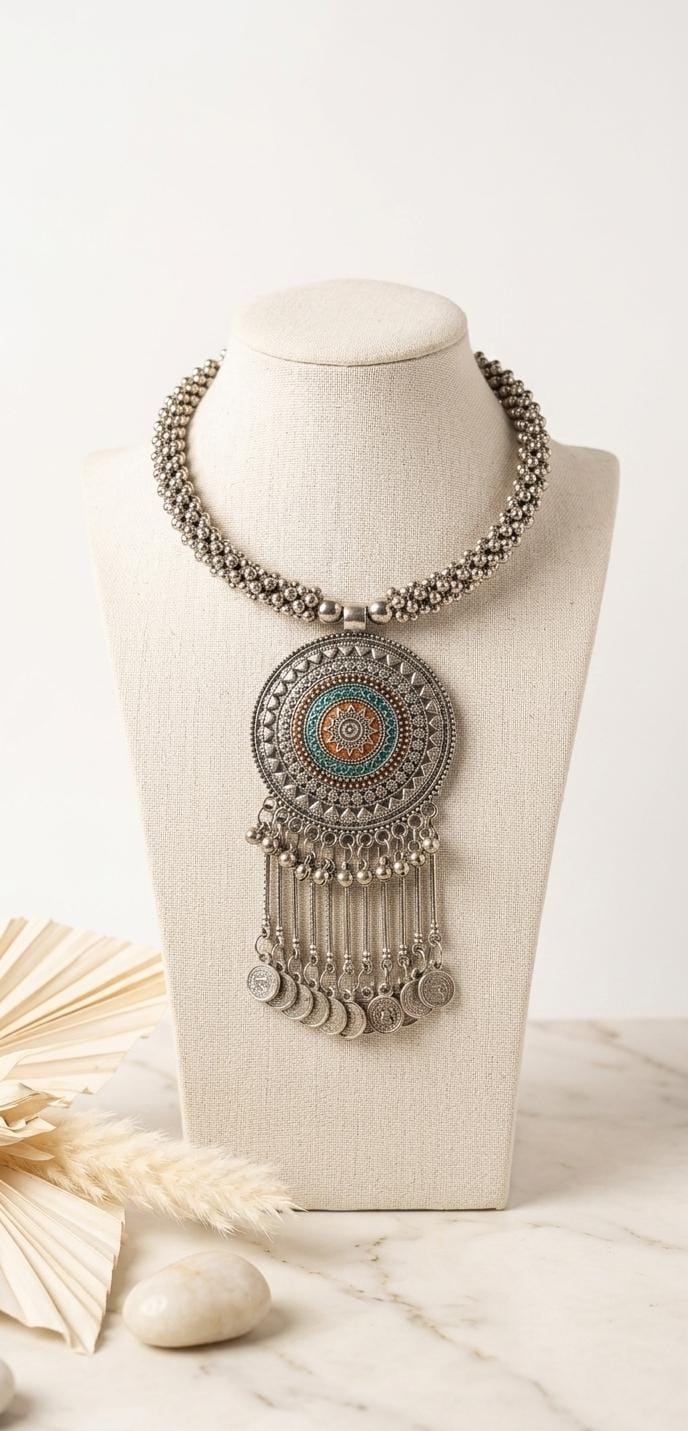 Traditional Silver Oxidized Choker Necklace with Intricate Design – Vintage Boho Statement Jewelry