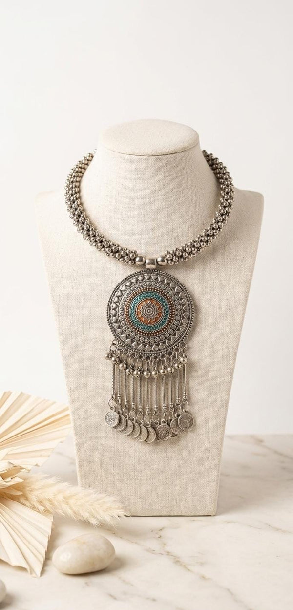 Traditional Silver Oxidized Choker Necklace with Intricate Design – Vintage Boho Statement Jewelry