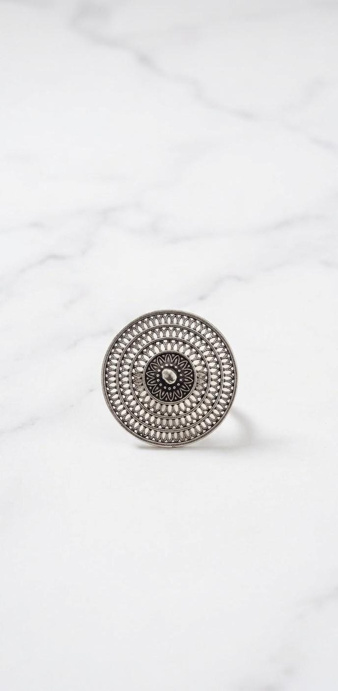 Oxidised Silver Mandala Ring | Adjustable German Silver Circular Boho Ring | Traditional Ethnic Coin Ring for Women
