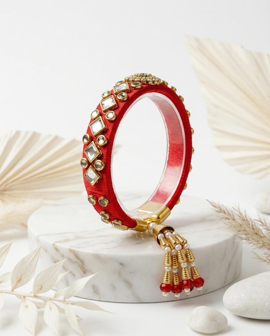 Red Kundan Silk Thread Bangle with Pearl Tassel Latkan | Polki Stone Kada | Bridal Ethnic Jewellery