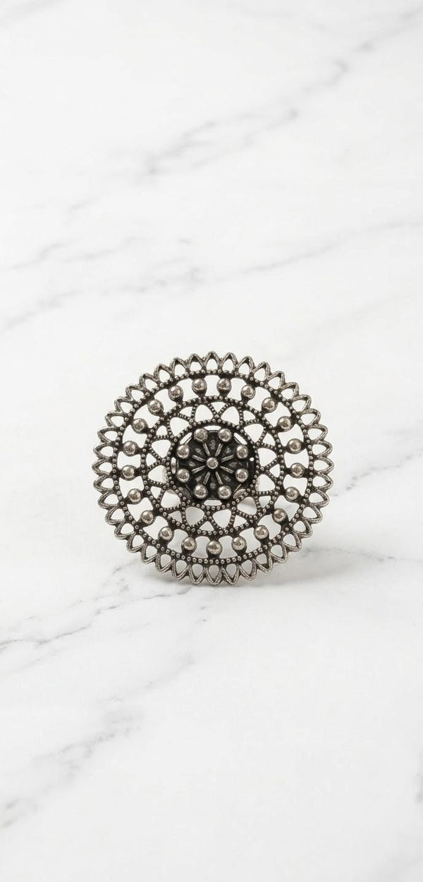 Oxidised Silver Filigree Mandala Ring | Adjustable German Silver Boho Coin Ring | Traditional Ethnic Statement Ring for Women