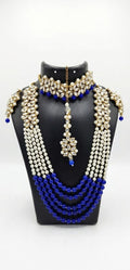 Royal Blue & Pearl Kundan Ranihar Necklace Set | Bridal Jewellery with Maang Tikka & Earrings