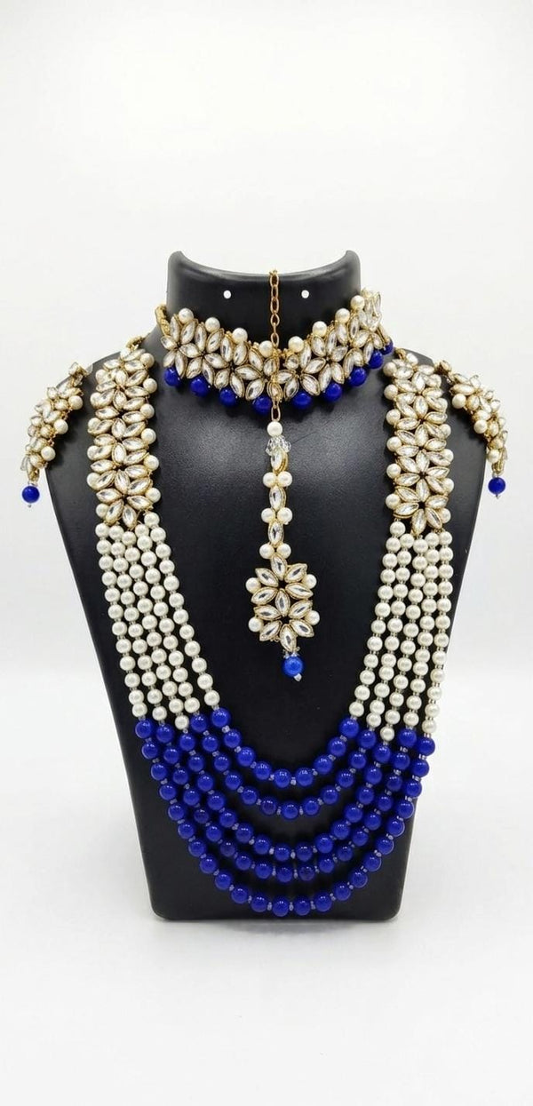 Royal Blue & Pearl Kundan Ranihar Necklace Set | Bridal Jewellery with Maang Tikka & Earrings