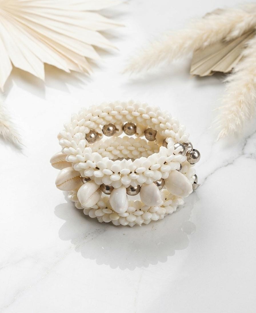 White Cowrie Shell Cuff Bracelet | Seed Bead Kaudi Wide Bangle | Boho Beach Stackable Jewellery for Women