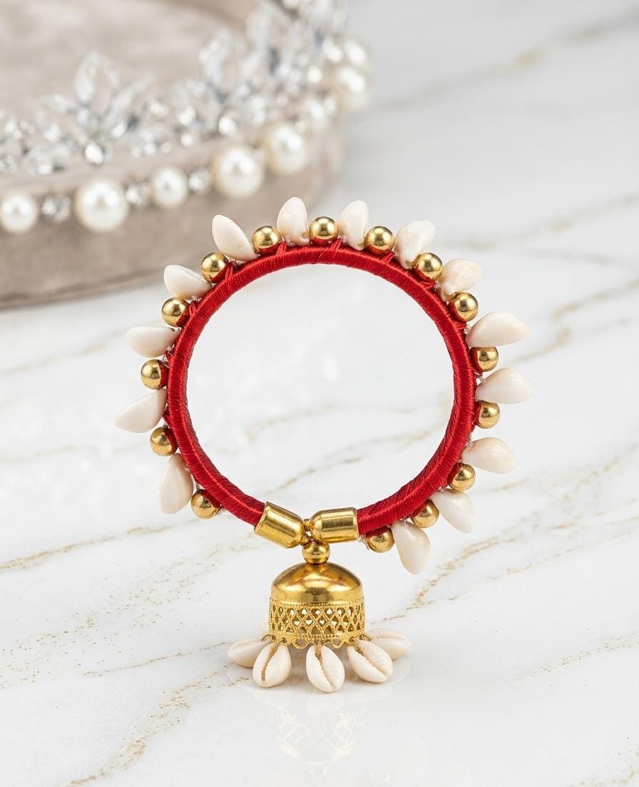 Red Silk Thread Cowrie Shell Bangle | Gold Jhumka Bell Kaudi Latkan Kada | Bridal Boho Ethnic Jewellery