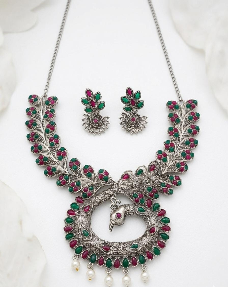 Oxidised German Silver Peacock Necklace Set with Ruby Green Stone & Pearl Drops | Ethnic Jewelry Set
