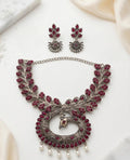 Oxidised German Silver Peacock Necklace Set with Ruby Red Stones & Pearl Drops | Ethnic Imitation Jewelry Set