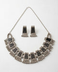 Oxidised German Silver Black Meenakari Choker Necklace Set with Ghungroo Drops & Matching Earrings | Ethnic Imitation Jewelry