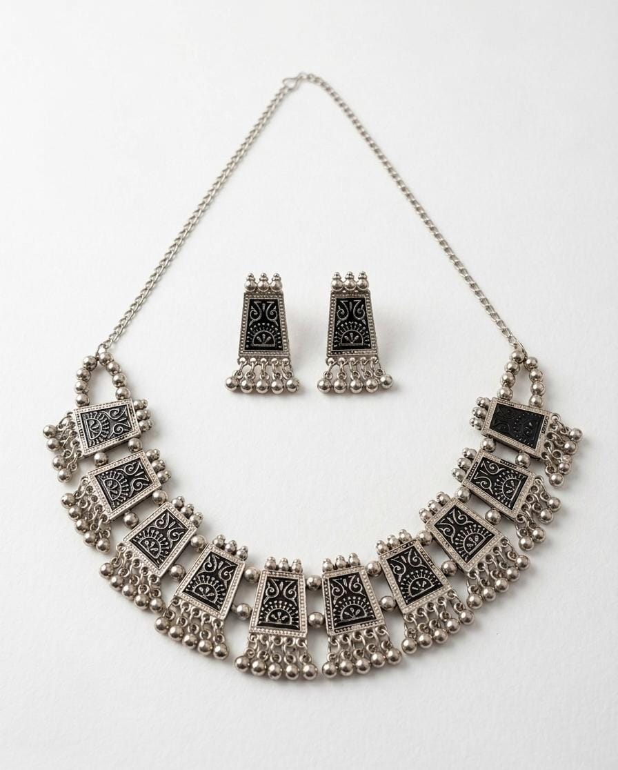 Oxidised German Silver Black Meenakari Choker Necklace Set with Ghungroo Drops & Matching Earrings | Ethnic Imitation Jewelry