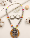 Handcrafted Oxidized Silver Necklace with Radha Krishna Pendant & Colorful Beads - Matching Earrings Set