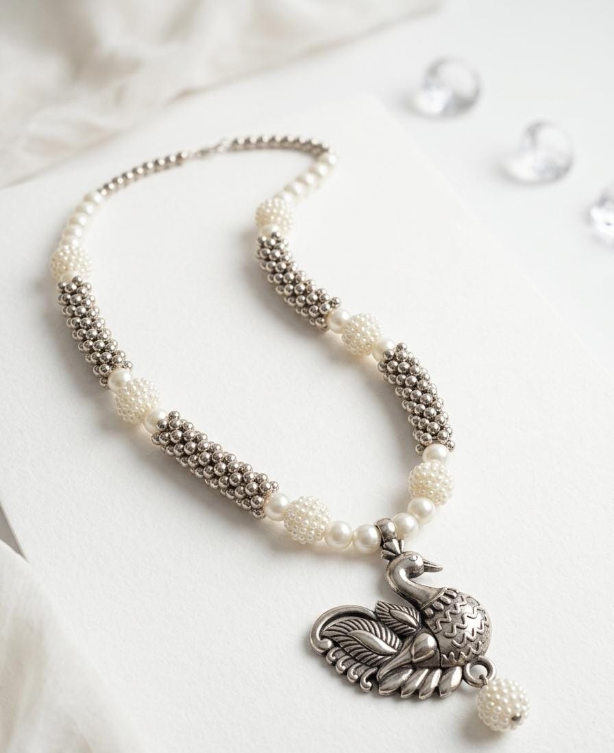 Handcrafted Oxidized Silver Necklace with Peacock Pendant & Pearl Beads - Elegant Traditional Jewelry
