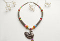 Handcrafted Oxidized Silver Necklace with Peacock Pendant & Vibrant Colorful Beads