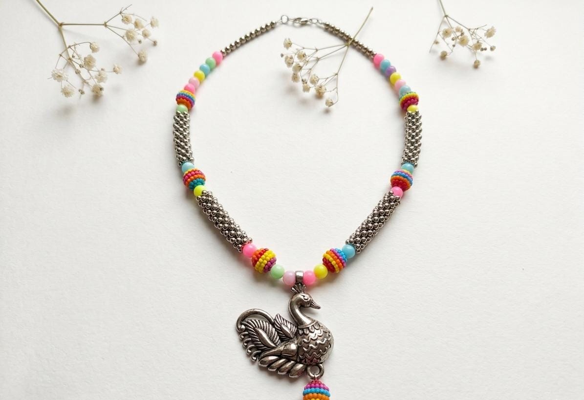 Handcrafted Oxidized Silver Necklace with Peacock Pendant & Vibrant Colorful Beads