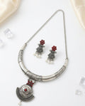Oxidized Silver Antique Finish Choker Necklace & Earrings Set with Red Stone Accents and Pearl Drops