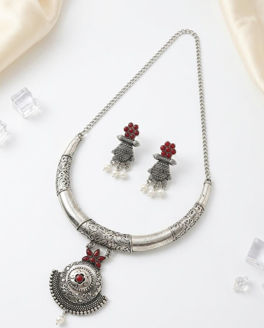 Oxidized Silver Antique Finish Choker Necklace & Earrings Set with Red Stone Accents and Pearl Drops
