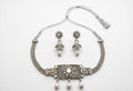 Bohemian Style Silver-Plated Oxidized Choker Necklace & Earrings Set with Mirror Work and Faux Pearl Embellishments