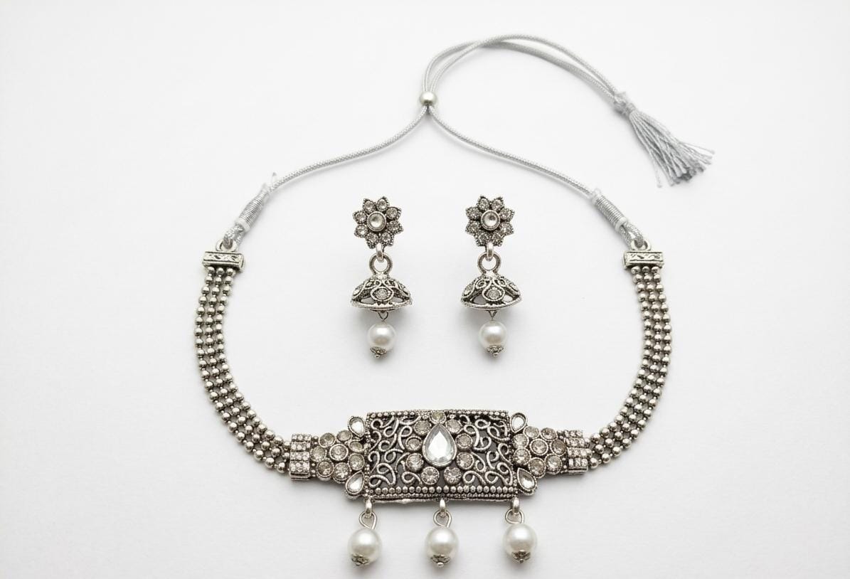 Bohemian Style Silver-Plated Oxidized Choker Necklace & Earrings Set with Mirror Work and Faux Pearl Embellishments