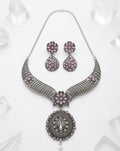 Oxidized Silver Antique Finish Boho Choker Necklace & Drop Earrings Set with Floral Design and Peacock Motif