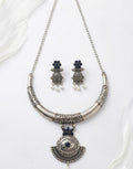 Oxidized Silver Antique Finish Choker Necklace & Earrings Set with Navy Blue Stones and Pearl Drops
