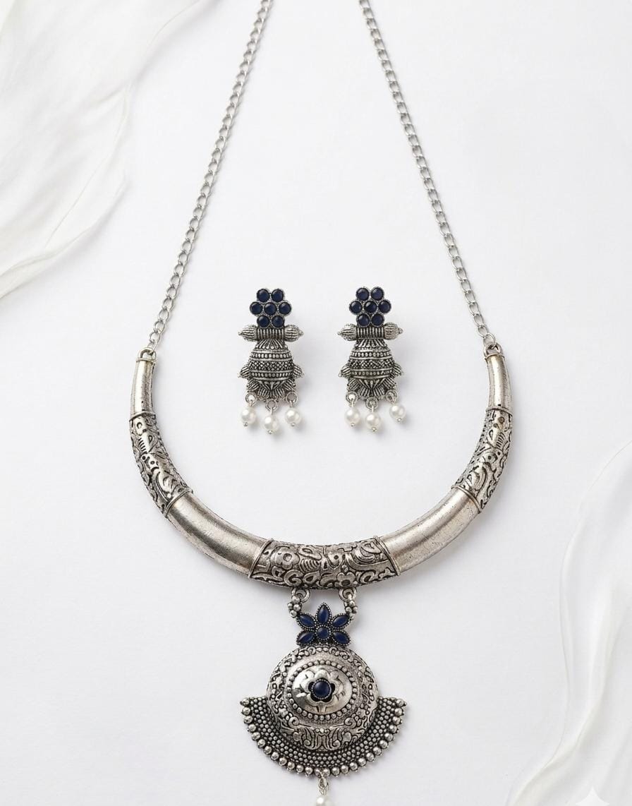 Oxidized Silver Antique Finish Choker Necklace & Earrings Set with Navy Blue Stones and Pearl Drops