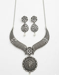Oxidized Silver Choker Necklace & Earrings Set with Pearl Embellishments and Peacock Motif