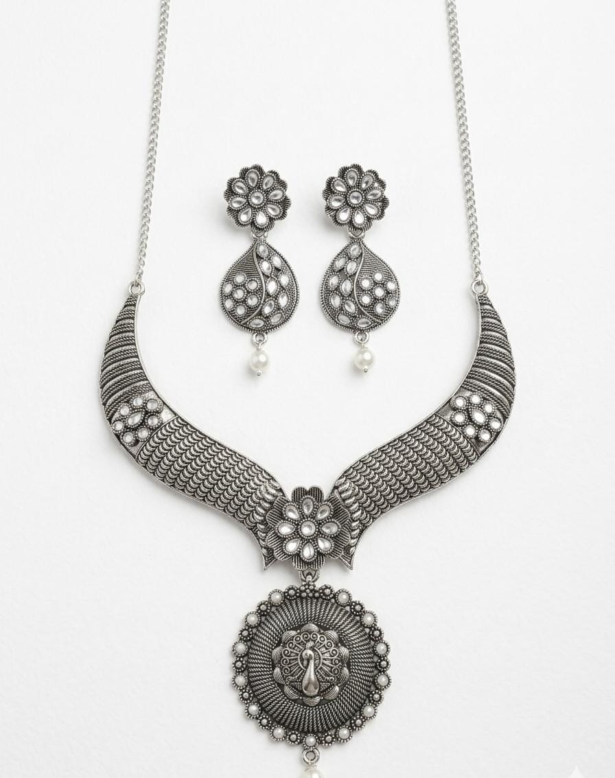 Oxidized Silver Choker Necklace & Earrings Set with Pearl Embellishments and Peacock Motif