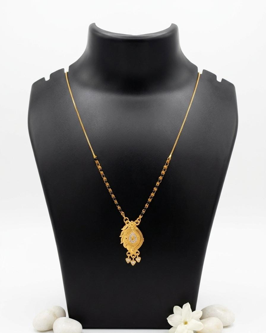 Gold Plated Leaf Pendant Mangalsutra with Black Beads