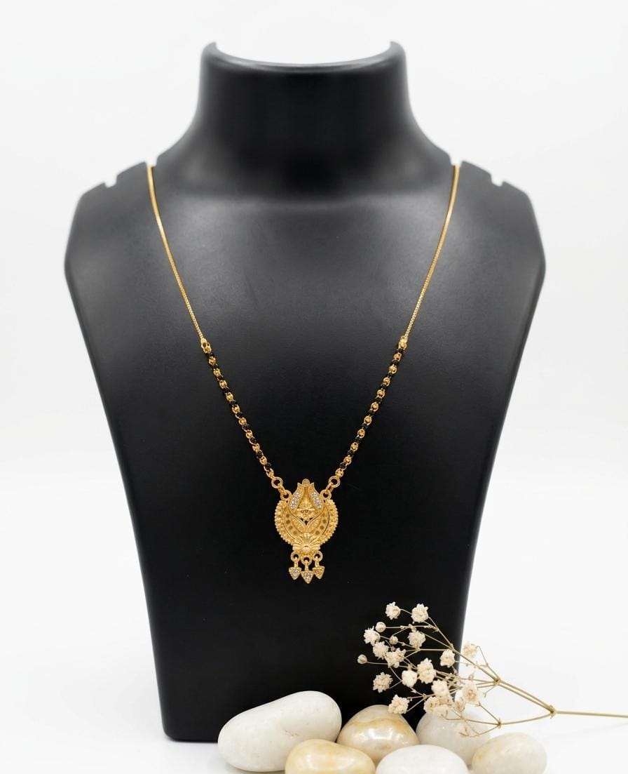 Gold Plated Traditional Pendant Mangalsutra with Black Beads