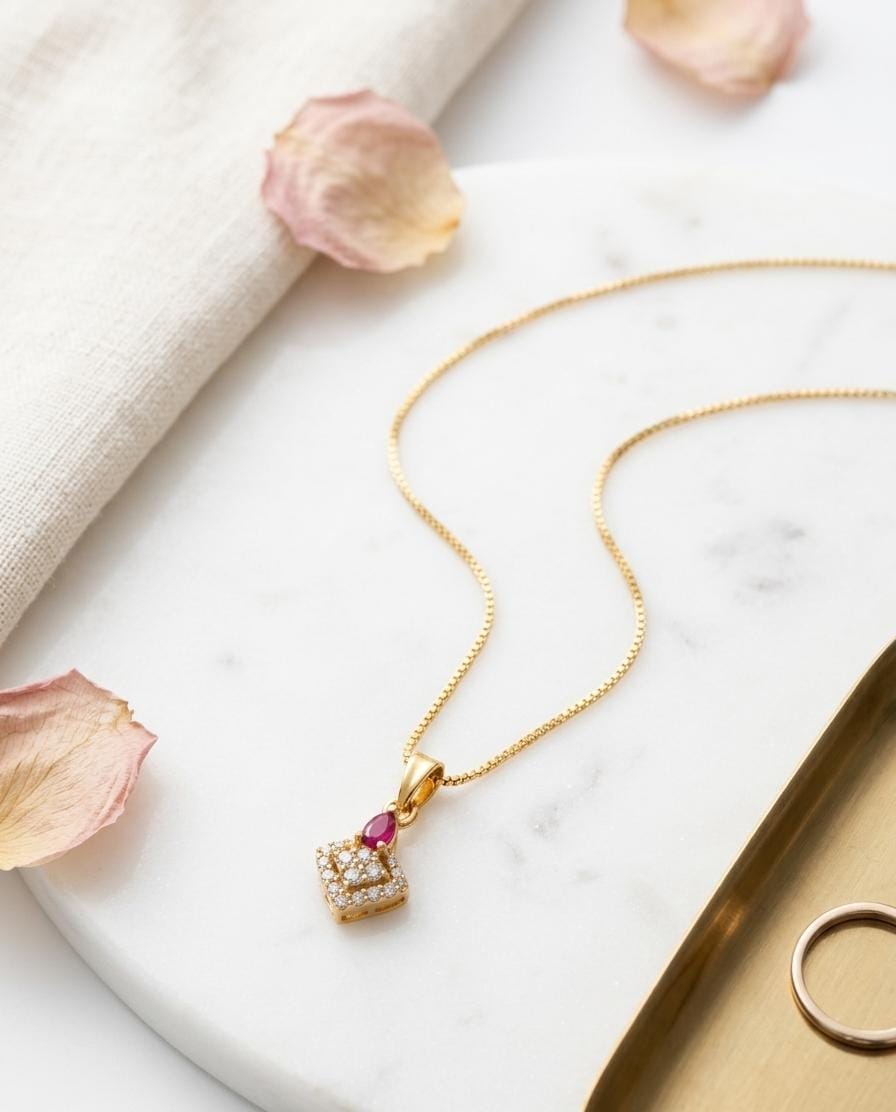 Gold Ruby Square Pavé Pendant Necklace | 18K Gold  Plated Box Chain | CZ Diamond Look | Dainty  Necklace for Women