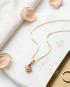 Gold Ruby Square Pavé Pendant Necklace | 18K Gold  Plated Box Chain | CZ Diamond Look | Dainty  Necklace for Women