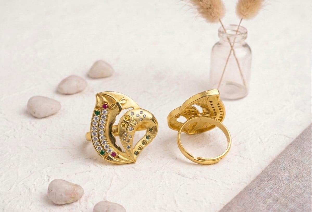 Gold Plated Leaf Design Adjustable Ring with Multicolor Stones