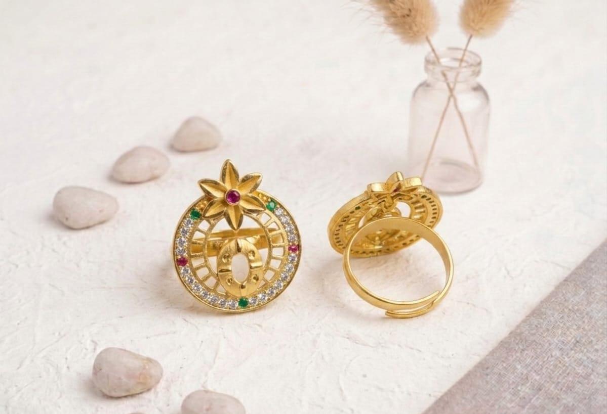 Gold Plated Floral Round Adjustable Ring with Multicolor Stones