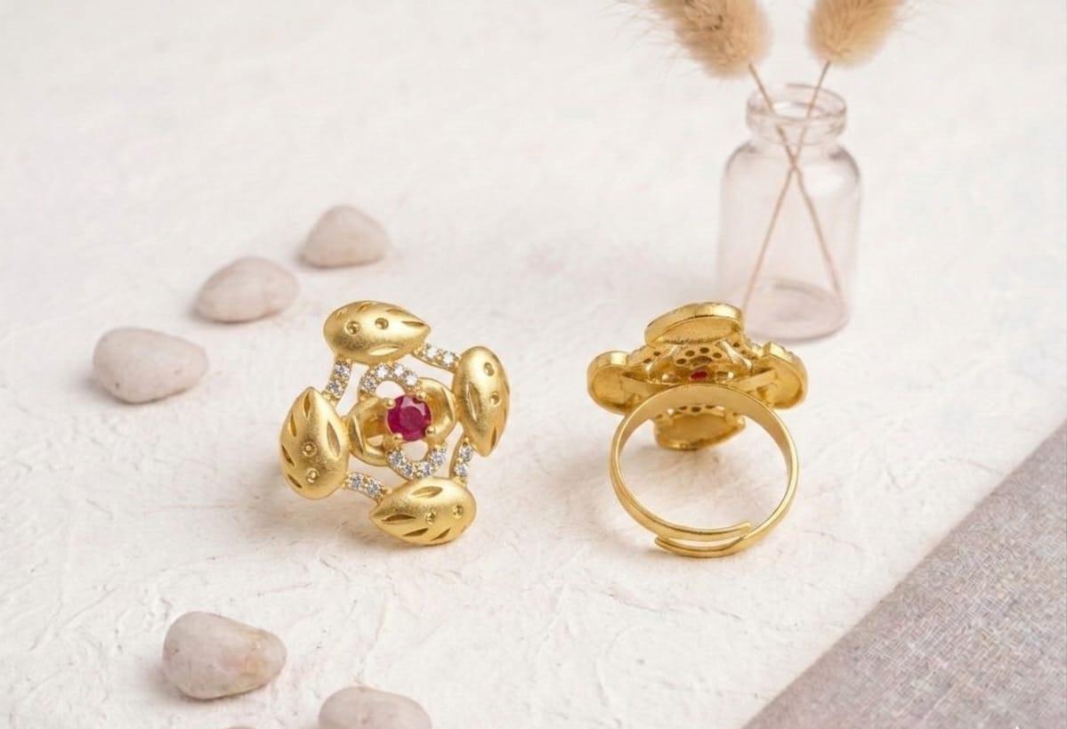 Gold Plated Floral Adjustable Ring with Pink Stone