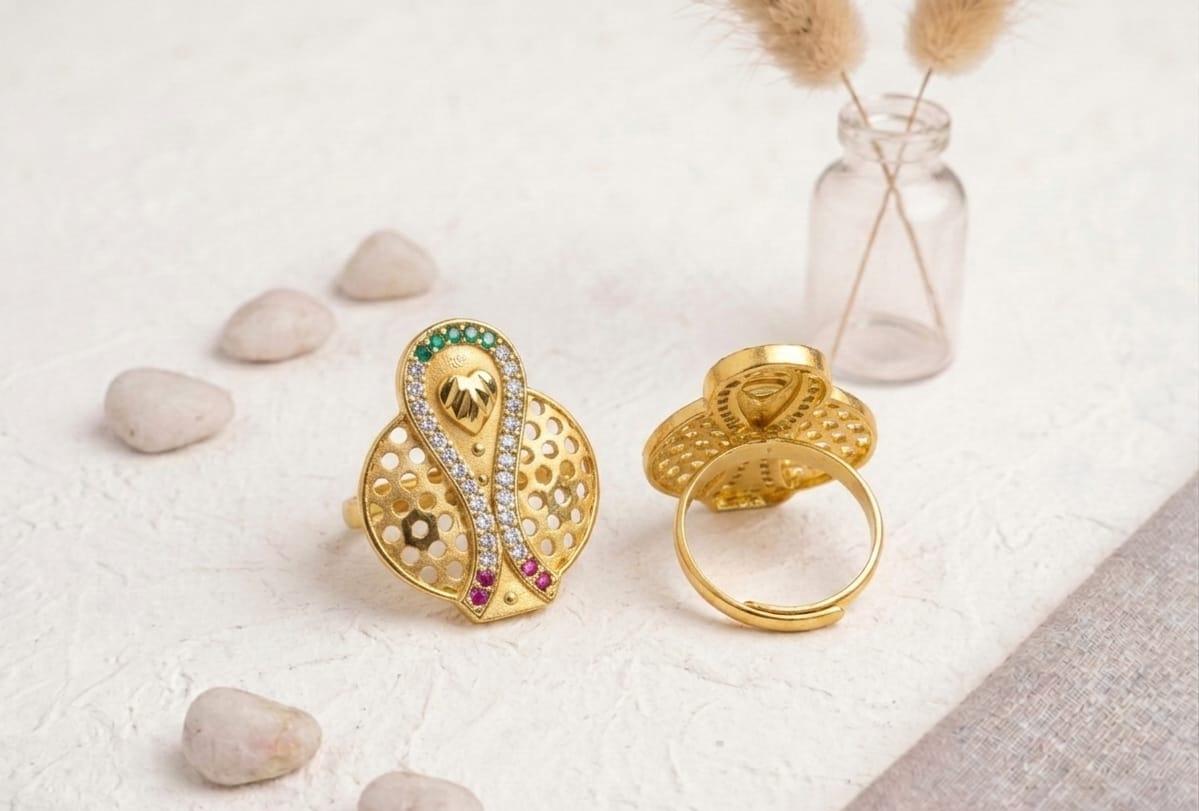 Gold Plated Peacock Design Adjustable Ring with Multicolor Stones