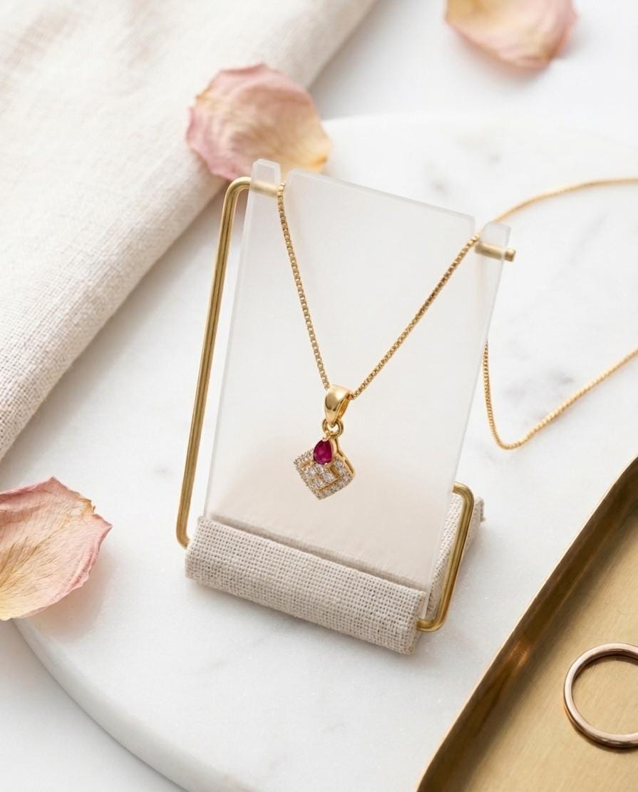 Gold Ruby Square Pavé Pendant Necklace | 18K Gold  Plated Box Chain | CZ Diamond Look | Dainty  Necklace for Women
