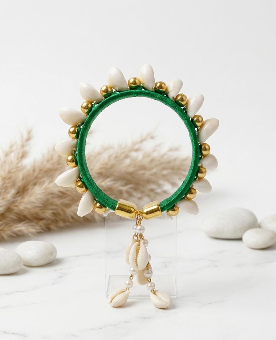 Green Silk Thread Cowrie Shell Bangle | Gold Bead Kaudi Kada with Pearl Tassel | Boho Ethnic Jewellery