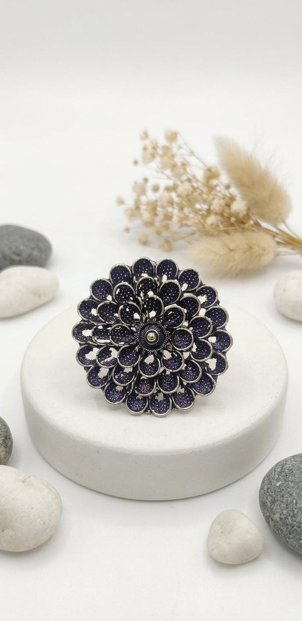 Navy Blue Enamel Floral Ring | Oxidised Silver Meenakari Boho Ring | Adjustable Ethnic Statement Ring for Women
