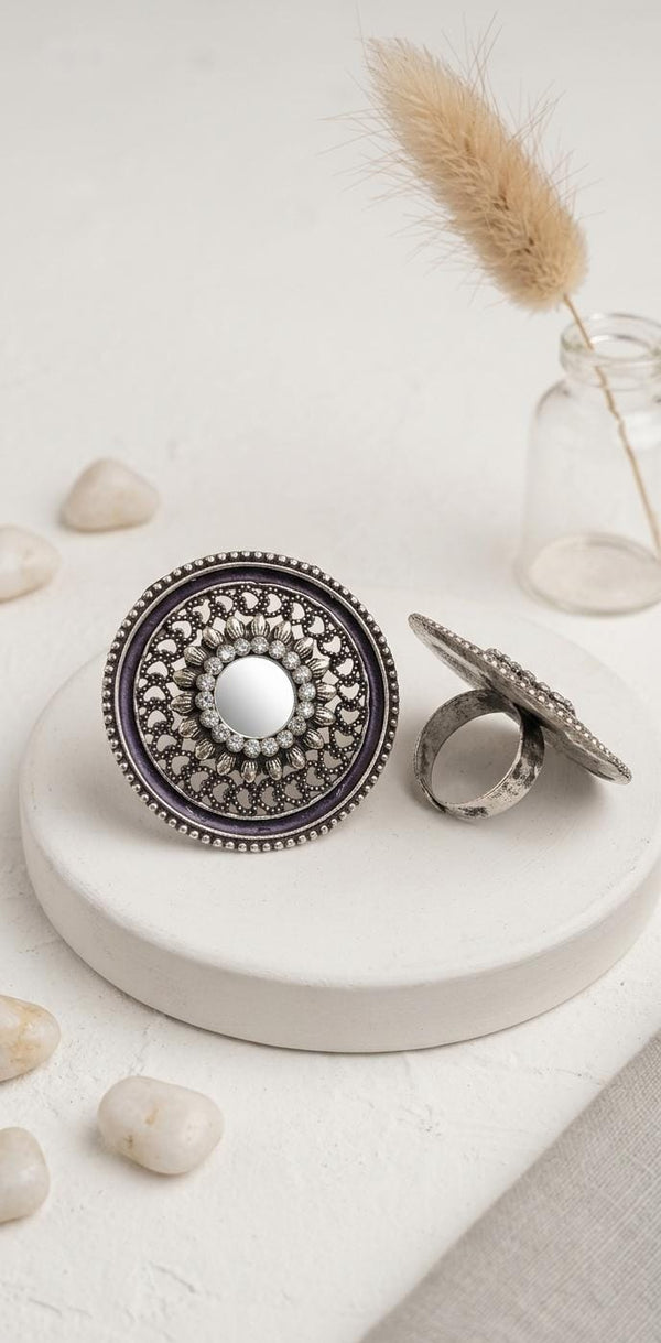 Oxidised Silver Mirror Ring | Adjustable German Silver AD Stone Tribal Ring | Traditional Ethnic Boho Coin Ring for Women