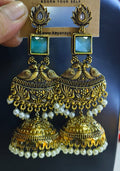 Antique Gold-Tone Pearl Jhumka Earrings with Green Stone Statement Traditional Drop Earrings